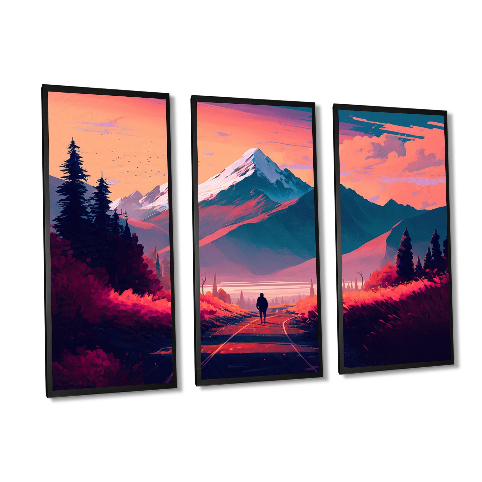 Designart "Magenta Autumn Morning Road IV" Landscape Mountains Framed